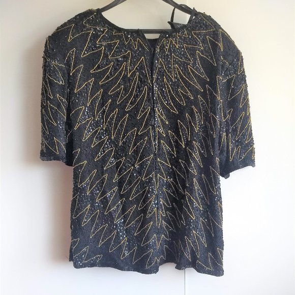 vintage 80s NWOT short sleeve sequin beads zigzag top - Picture 2 of 12